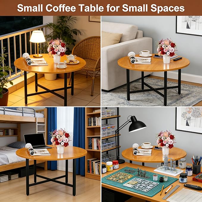 Coffee Table, 23.6" Coffee Tables for Living Room, Round Coffee Table with Metal Frame, Floor Table for Sitting on The Floor, Home, Office, Honey Brown