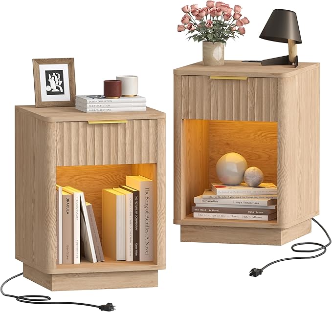Akxomel Fluted Nightstands Set of 2, Wooden Night Stand with Charging Station and LED Light, Modern Mid Century Bed Side End Table with Drawer, 15" D x 15.7" W x 22.6" H, for Bedroom, Natural Oak by Akxomel
