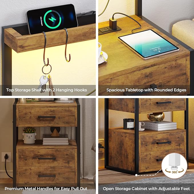 VIAGDO Led Nightstand with Charging Station, 3 Drawers Night Stands with Led Lights, Rustic Brown Bedside Tables with Storage Shelves, Modern End Side Tables for Bedroom, Office - Image 7