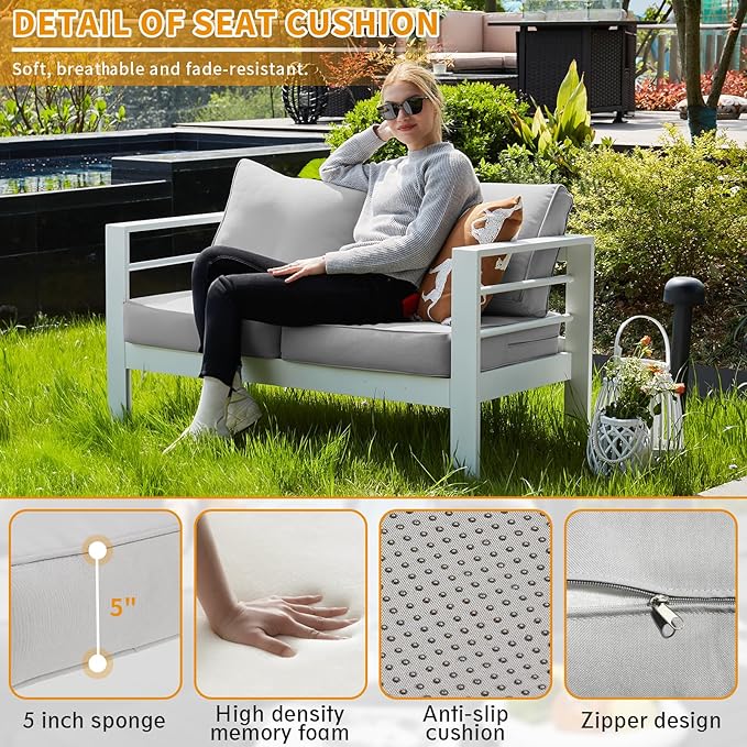 Aluminum Patio Furniture Set, Loveseat Outdoor Set with 5 Inch Cushions, Patio Loveseat Sets with Waterproof Covers for Backyard Garden(White)