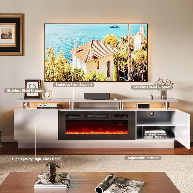 80" TV Stand & Entertainment Center, Media Console with Storage Cabinet, Fits TVs up to 90", Modern Living Room Furniture, 36" Electric Fireplace (Grey+Black) - Image 5