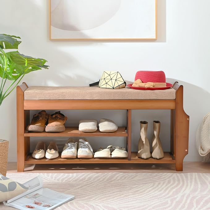 PETKABOO Shoe Bench with Hidden Drawer and Side Holder, 2 Tier Entryway Bench with Storage 39.4 in, Bamboo Shoe Rack with Cushion for Entryway Hallway Living Room Bedroom - Image 3