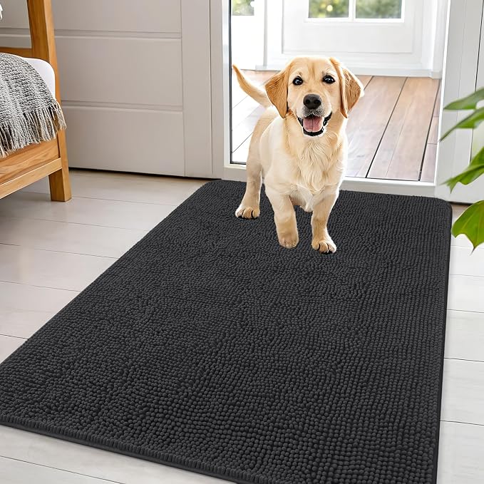 OLANLY Dog Door Mat for Muddy Paws 44x32, Absorbs Moisture and Dirt, Absorbent Non-Slip Washable Doormat, Quick Dry Chenille Mud Mat for Dogs, Entry Indoor Entryway Carpet for Inside Floor, Dark Grey by OLANLY