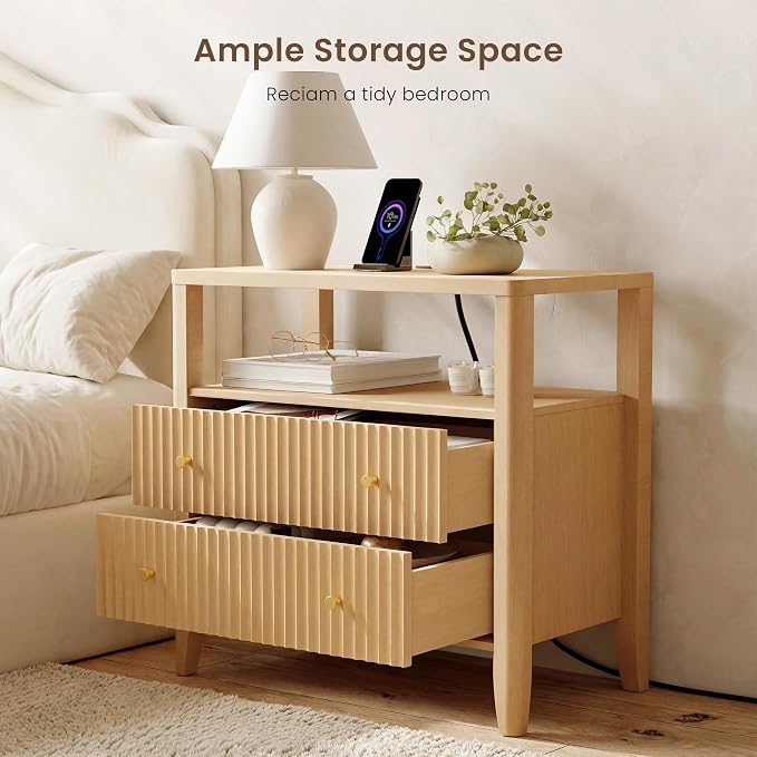 Nightstand Set of 2 with Charging Station, 27.3" Wide Fluted Bedside Tables with 2 Drawers & Open Shelf, Large End Tables with Storage, Metal Handle & Rounded Corners for Bedroom,Natural - Image 4