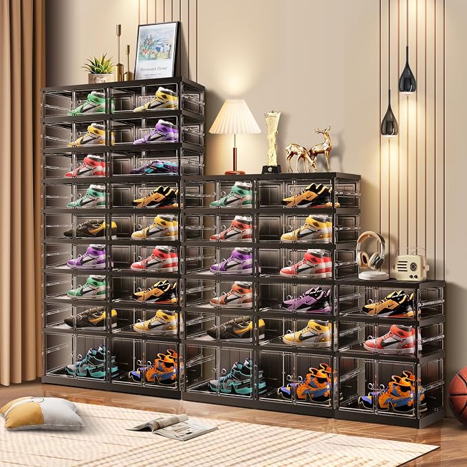 CIMLORD 3 Tier Foldable Shoe Rack for Closet Entryway 3-6 Pairs Stackable Clear Shoe Storage Boxes with Lids Small Shoes Shelf with Door Plastic Organizer Cabinet Easy Assembly Black - Image 3