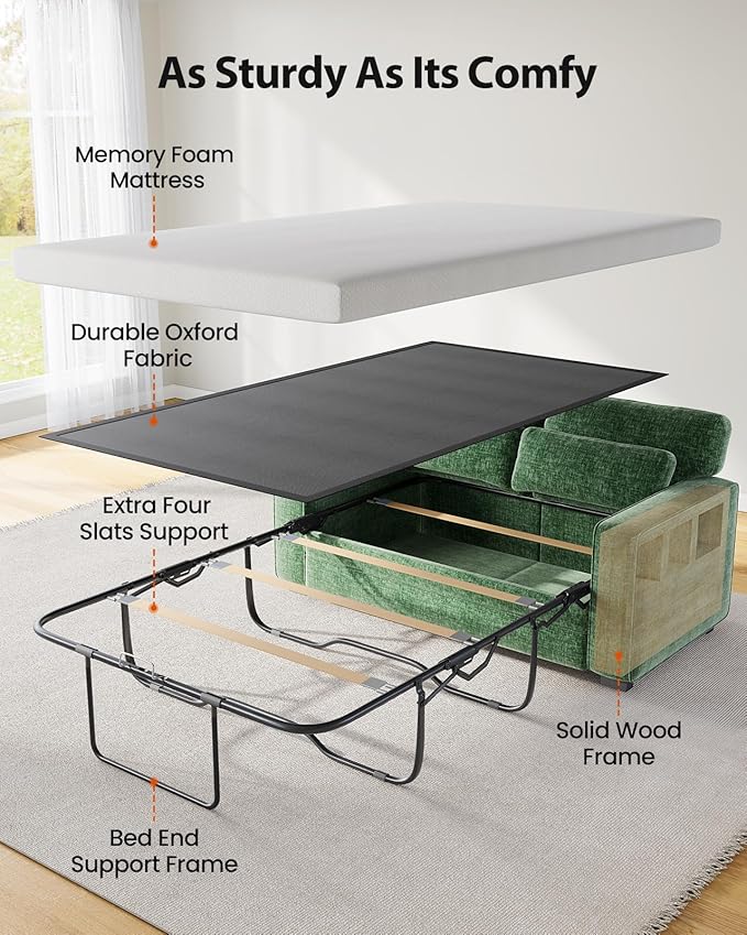 Marsail Pull Out Sofa Bed, Queen Size Sleeper Sofa with Memory Foam Mattress, 2-in-1 Convertible Chenille Couch Bed with 2 USB Charging and Removable Covers, Loveseat for Living Room, Apartment, Green