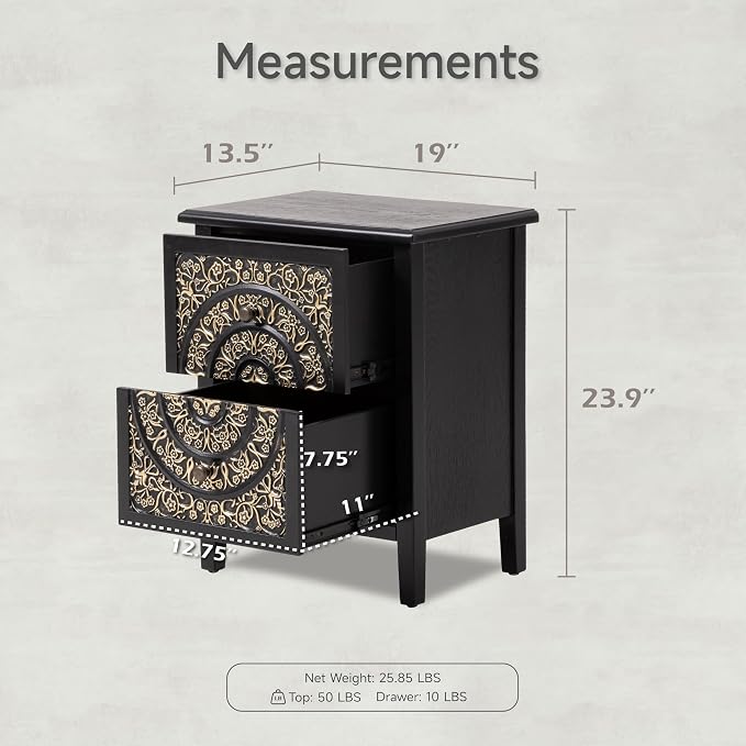 COZAYH Set of 2 2-Drawer Fully-Assembled Flower Motif Nightstand for Small Spaces, French Country, Modern, Distressed Finish,Gold & Black - Image 3