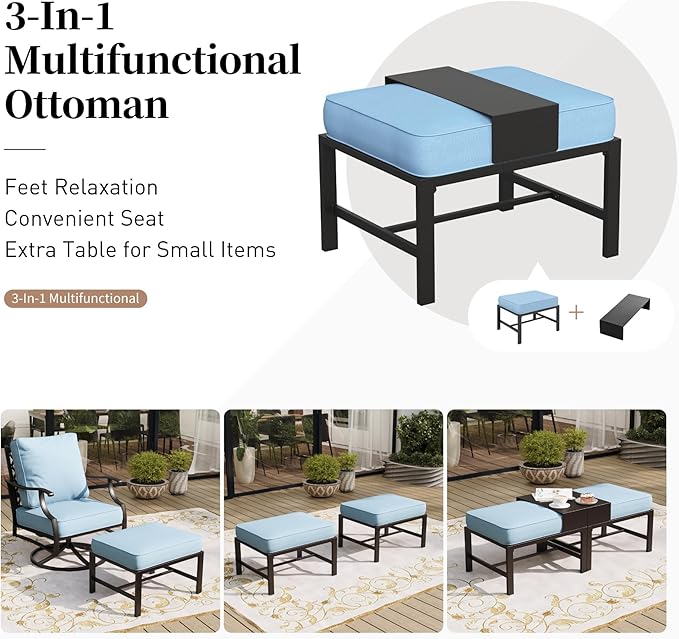 7 Piece Metal Outdoor Patio Furniture Set, Patio Conversation Sets 1 3-seater Sofa, 4 Fixed Chair, 2 Ottomans with 5.75" Thick Cushion, Black All-weather Frame Backyard Furniture, Blue
