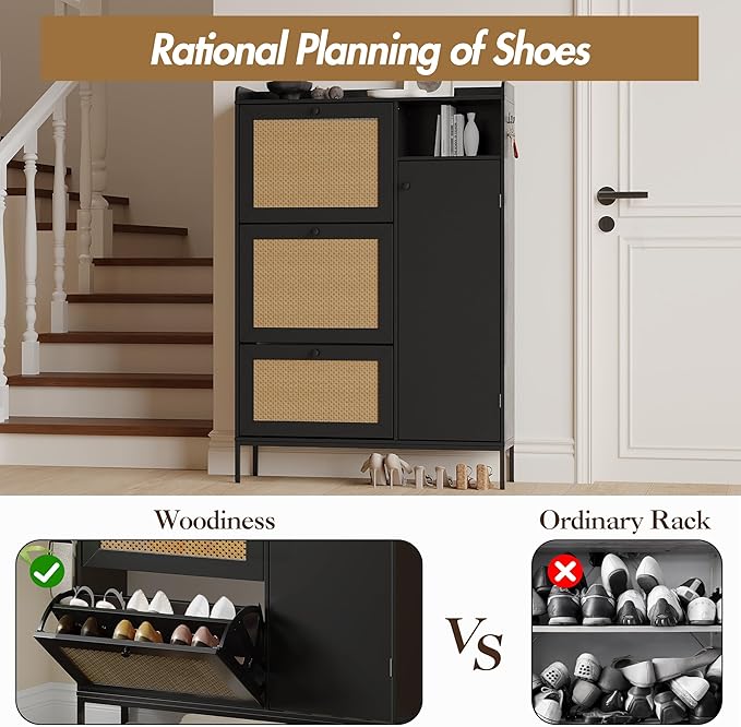 GarveeLife 3-Tier Rattan Shoe Cabinet with Flip Drawers, Adjustable Shelves and Narrow Storage Design, Perfect for Entryways, Hallways, and Bedroom Organization in Wood
