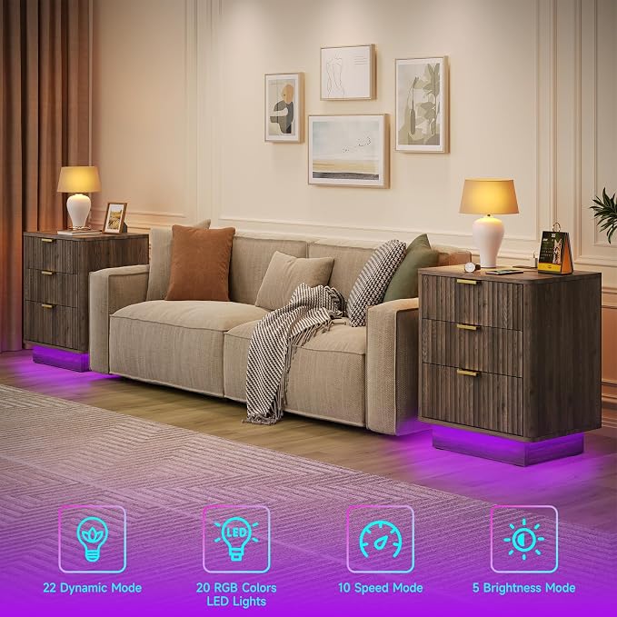 GOLDDAY Nightstands Set of 2 with Charging Station & LED Light, 3-Drawer Bedside Table with Outlets, Modern End Table with Open Shelf, for Bedroom, Home Office, Walnut - Image 4