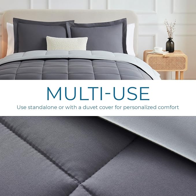 Nestl Comforter Duvet Insert 3 Piece, Quilted Down Alternative Comforter Oversized King Size with 2 Pillow Shams, All Season Grey/Light Grey Duvet Inserts Oversized King Comforter with Corner Tabs