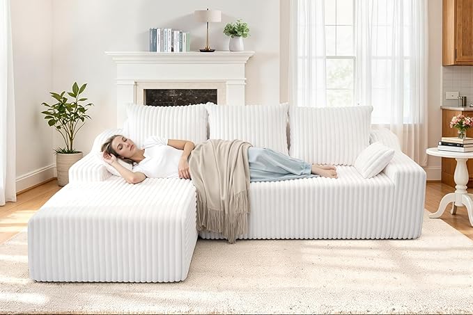 Homguava 94" Cloud Sectional Couch, Modular L-Shape Couch with Chaise, Boneless Sofa with Deep Seat for Living Room Bedroom,No Assembly Required(Beige,Left Facing Chaise)