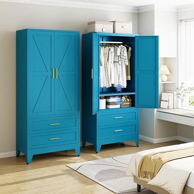 Metal Armoire Wardrobe Closet with 2 Drawers, 71" Wardrobe Cabinet with Adjustable Shelf & Hanging Rod for Bedroom, Blue Metal Closet Storage Cabinet with 2 Doors & Drawers