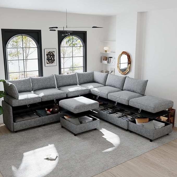 Oversized 8 Seater Modular Storage Sectional Sofa Customizable Seating Group Sofa&Couch Convertible Sleeper Sofabed W/Movable Ottoman & Seat, U-Shaped Chenille Upholstered Sofa Couch for Living Room