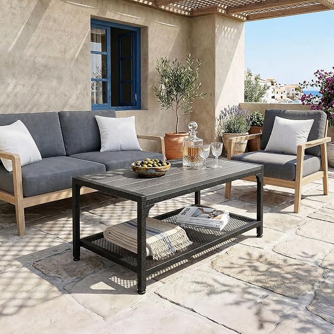 ODK Outdoor Coffee Table with Double-Layer Storage, Rectangle Weather-Resistant Patio Coffee Table for Garden, Balcony, Hot Tub, Poolside, Heavy-Duty Metal Frame, Grey - Image 2