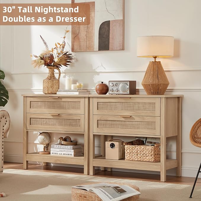 LEYAOYAO 31.5" Wide Rattan Night Stand, Oversized Large Boho Nightstand with 2 Drawer, Natural Wood Bed Side End Tables with Storage Shelf, Tall Bedside Table for Bedroom Living Room, Hallway - Image 9