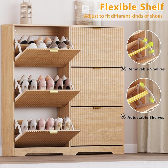 BORNOON Large Shoe Cabinet for Entryway, Tall Narrow Shoe Storage Cabinet with 6 Flip Drawers and Adjustable Shelves, Shoe Rack Cabinet Organizer for Hallway, Foyer, Small Apartment - Image 3