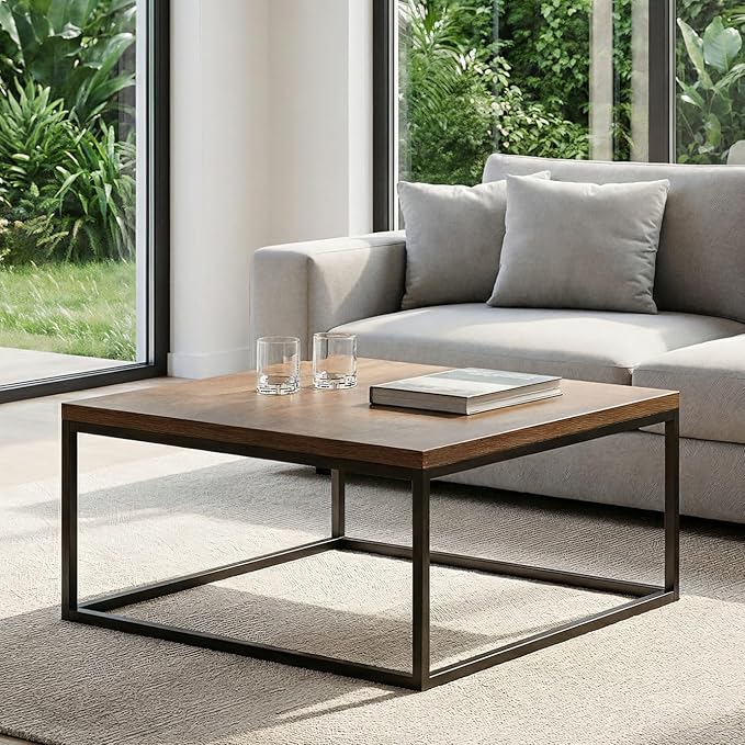 CENSI 30" Square Coffee Table, Walnut Wood Center Table for Living Room, Modern Industrial Metal Frame, Extra Thick 1.2" Top, Rustic Farmhouse Cocktail Table, Mid Century Style, Easy Assembly