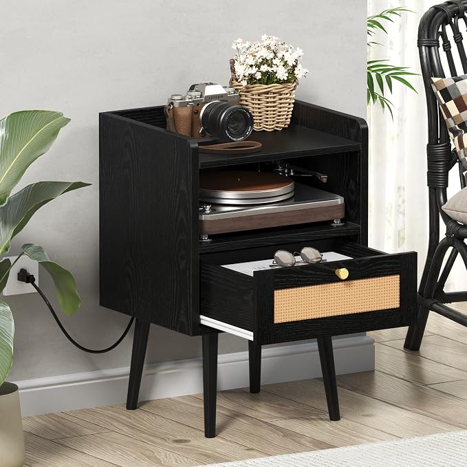 MECHYIN Night Stand Set 2, Nightstands Set of 2 with Charging Station, Rattan Side Tables with Solid Wood Legs, Boho Bedside End Table for Apartment Bedroom Dorm Small Space - Image 6