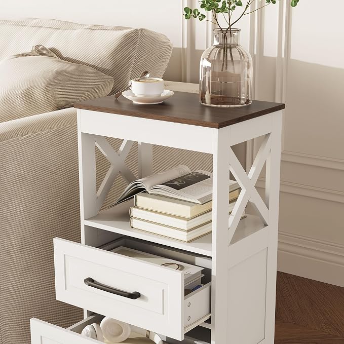 Tall Nightstand Set of 2 Side Table with 2 Drawers Modern Night Stand Wooden Rustic End Table Bedside Table with Below Open Shelf Solid Feet for Bedroom White+Walnut - Image 5