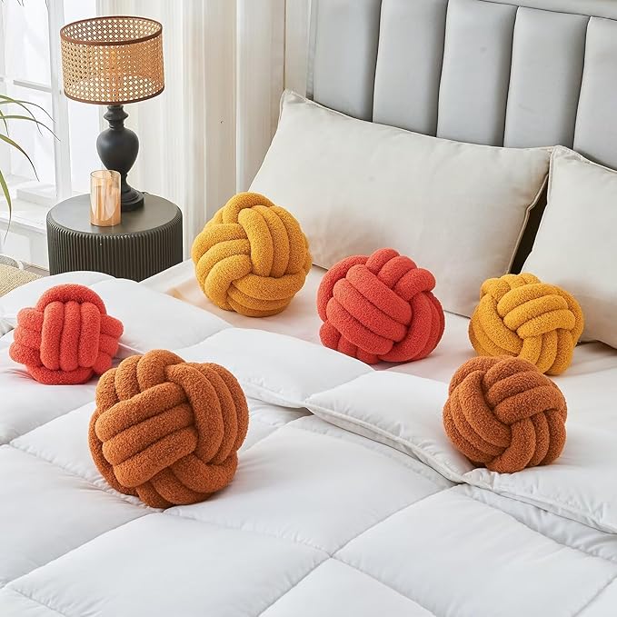LUSJNGE Decorative Throw Knot Pillow Ball for Home Chair Sofa Couch Bed Aesthetic Round Decor Pillows Lambswool Knotted Pillow Cushion (Caramel, 13 inches)
