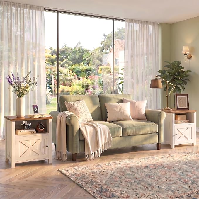 Marsail Farmhouse Nightstand, Wood Bedside Table with Charging Station, Night Stand with Shelf and Doors, End Table with Storage Side Table for Bedroom, White & Brown - Image 4