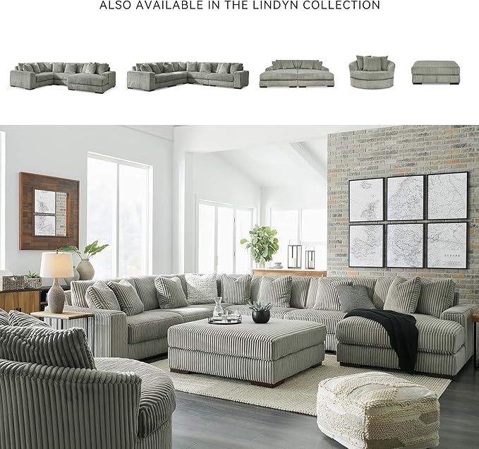 Signature Design by Ashley Lindyn Contemporary Oversized Accent Chair with 360-Degree Swivel, Feather Blend Throw Pillows, Corded Fabric, Gray