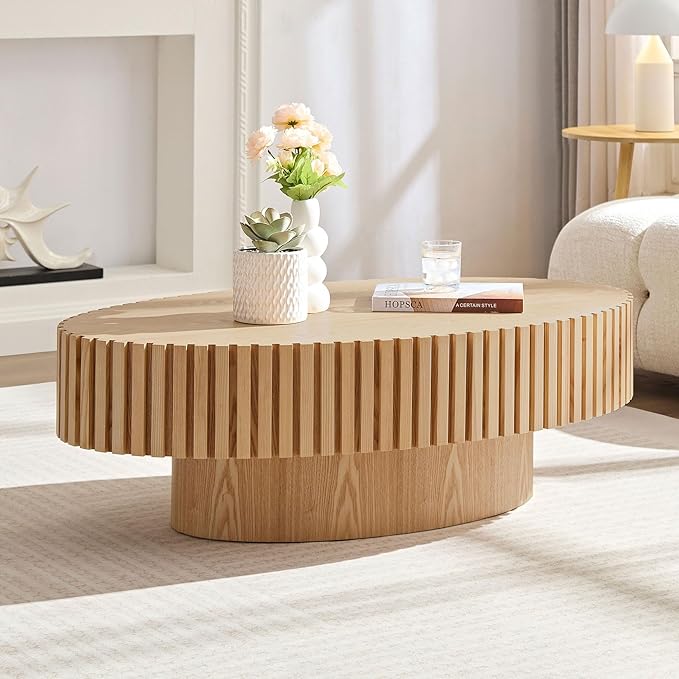 Oval Coffee Table for Living Room Unique Wood Coffee Table Fluted Pedestal Table Modern Handcrafted Centre Table, Easy Assembly 43.7", Oak