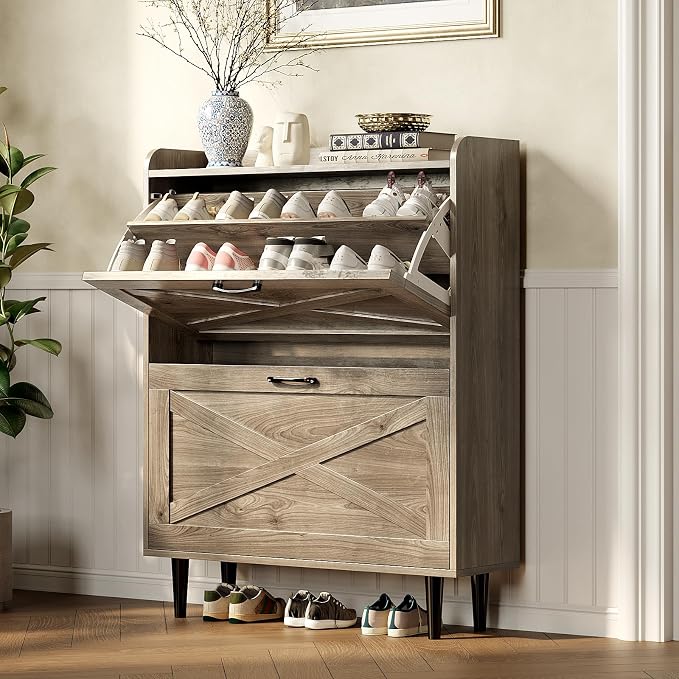 VINGLI Shoe Storage Cabinet for Entryway with 2 Flip Drawers, Ultra Slim Freestanding Entryway Shoe Organizer with Wood Tapered Legs,Hidden Closed Shoe Rack,31.6" W * 9.4" D * 39.4" H, Grey Oak - Image 6