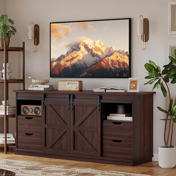 YESHOMY Farmhouse TV Stand for Televisions up to 65 Inch, Wood Entertainment Center with Sliding Barn Doors and 4 Storage Drawers, 58’’ Media Console Cabinet with Shelves for Living Room, Espresso by SearchallYESHOMY