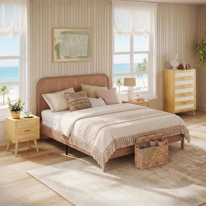 WLIVE Wooden Nightstands Set of 2, Rattan Night Stand with 2 Drawers, Boho Nightstand with Solid Legs, Bed Side Table for Bedroom, Living Room, Natural Oak - Image 2