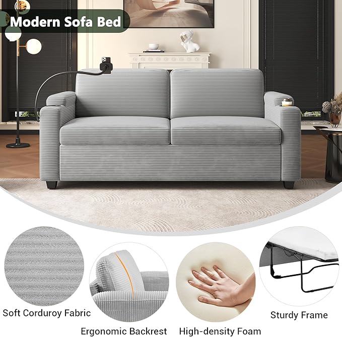 Merax 72.8" Corduroy Sleeper Sofa Bed with Full Size Mattress, Futon Couches with USB Ports | Phone & Cup Holders| Side Pockets,Pull Out Couch for Living Room, Small Loveseat, Grey