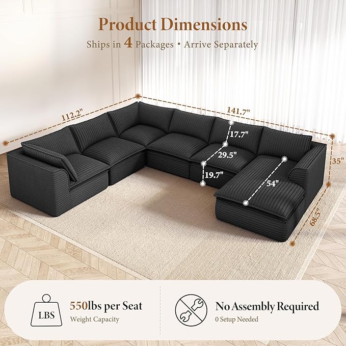 Vesgantti 141.7" Oversized Modular Sectional Sofa, Modern 7 Seat Boneless Couch with Chaise, Deep Seat Plush Corduroy Cloud Style for Living Room, No Assembly Required, Dark Gray