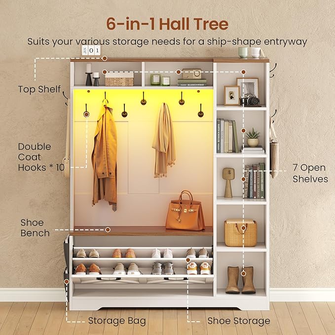 Itaar Hall Tree with Bench and Shoe Storage, Farmhouse Entryway Bench with Coat Rack, Shoe Cabinet with Flip Drawers, 7 Shelves, 10 Coat Hooks, Storage Bag, Led Lights, White - Image 3
