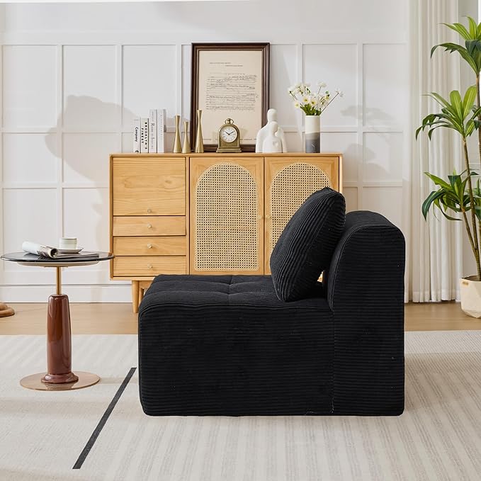 Modular Sectional Sofa, Boneless Couches for Living Room, Corduroy Couch, Big Comfy Couch, Modular Cloud Sofa with Deep Seat (Black, 1 Piece-Middle Seat)