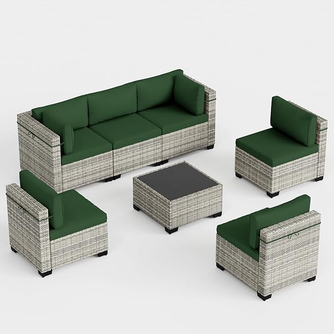 7-Piece Outdoor Patio Furniture Set, PE Wicker Rattan Sectional Sofa Conversation Set with Tempered Glass Table & Thick Cushions - All-Weather Garden, Backyard Furniture, Green