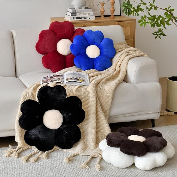 Flower Shaped Pillow, Cute Decorative Throw Pillows with Soft Rabbit Fur for Couch Bed Chair Floor, Christmas Pillow Seating Cushions with Room D??cor for Bedroom Living Room(14.9 Inches, Black)