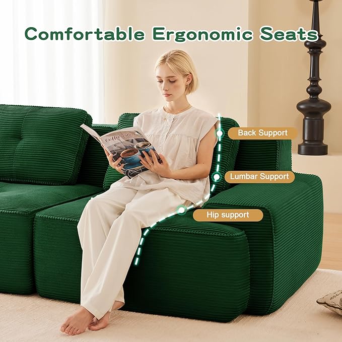 Casaphoria 115'' Green Modular Sofa Set, 3-Seat U-Shaped Corduroy Couch with 2 Ottomans for Large Living Room No Assembly Required Deep Seat Sectional Couch