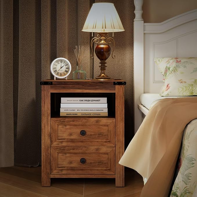 Vipbear 18" Nightstand with Charging Station Brown Farmhouse End Table with Two Drawers Wood Night Stand Modern Bedside End Table with Open Shelf Storage Space for Bedroom,Closet - Image 7