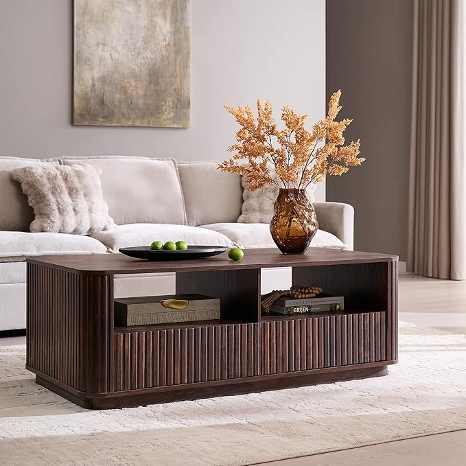 ACCOHOHO 51" Fluted Coffee Table with Storage, Modern Center Table with 2 Drawers, Rectangle Wood Coffee Table for Living Room, (Dark Walnut)