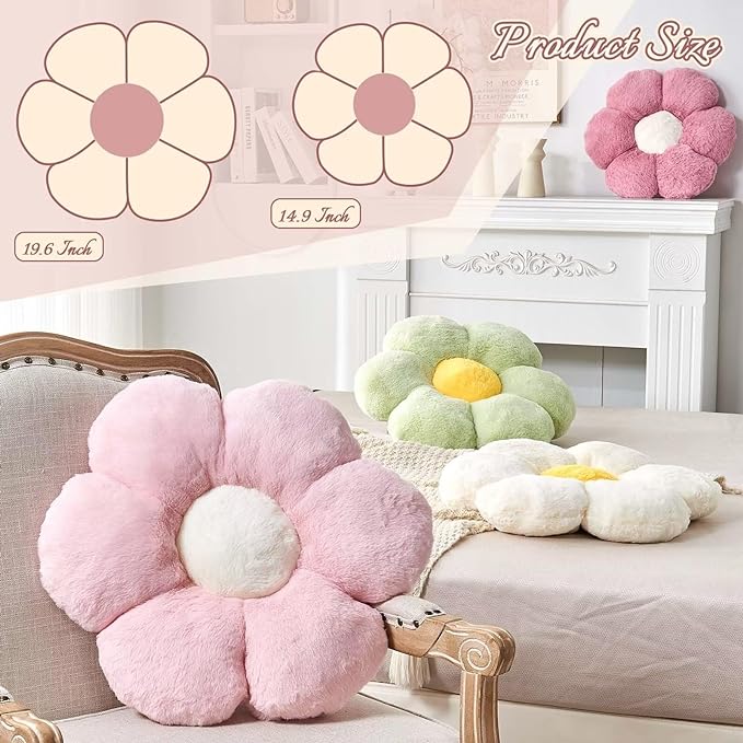 Kcvvcr Pink Flower Pillow, Cute Decorative Flower Shaped Throw Pillow with Faux Rabbit Fur, 14.9" Soft Flower Plush Throw Pillow Floor Pillows Room D??cor for Bedroom Living Room