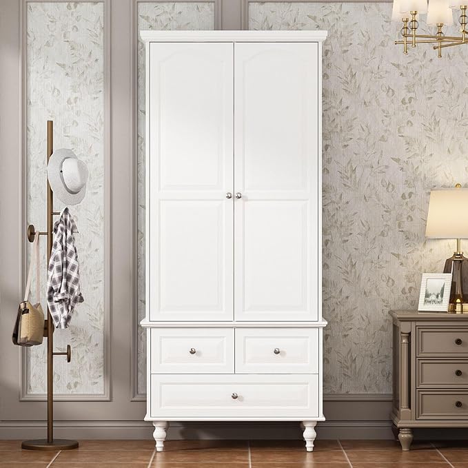 MOUMON 2 Door Armoire Wardrobe Closet with 3 Drawers, Vintage Wardrobe Cabinet with Hanging Rod, Bedroom Armoire Closet with Shelves, for Bedroom, White, 19.7”D x 31.5”W x 70.9”H