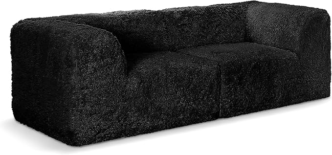 Furniture of America Havyn Modern Faux Fur 2-Seater Modular Foam Loveseat with Curved Arms & Deep Seat, Compressed Couch in a Box, No Assembly Required, for Living Room and Office, Black