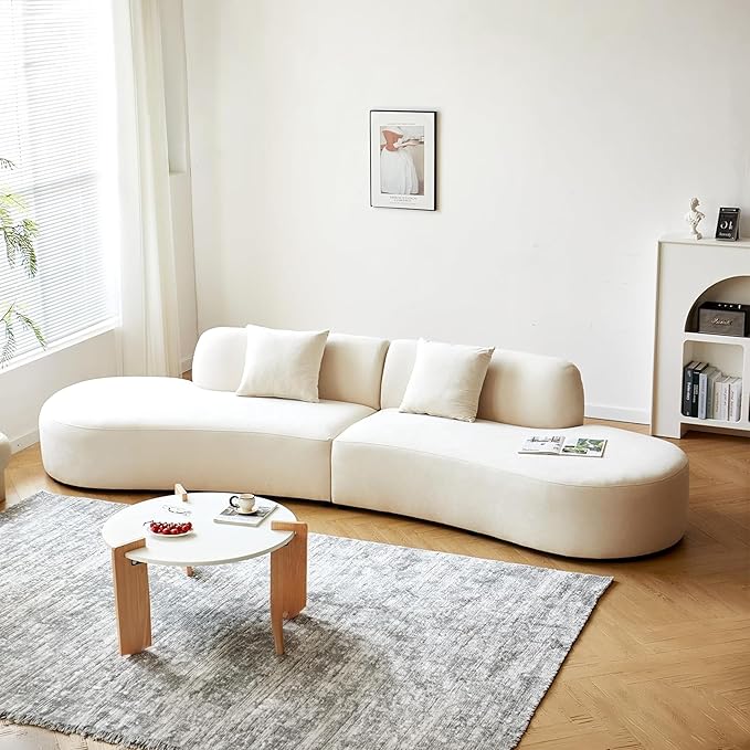 132" Curved Sofa with Throw Pillows, 6 Seater Luxury Velvet Couch with Half Moon Design and High-Density Foam, Ideal for Modern Living Room, Office & Apartment, Ivory