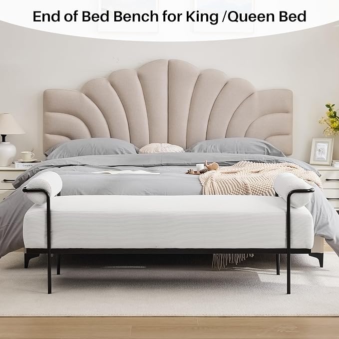 SOFTHION Entryway Bench End of Bed Bench 61.2",Modern Upholstered Bench Ottoman,Corduroy Paded Footrest Stool with Metal Legs for Living Room, Foyer Mudroom Hallway,White - Image 3