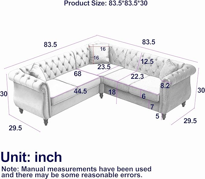 KEIKI 83.5" Chesterfield Corner Sofa, Retro Style Upholstered L-Shaped Velvet Couch with Rolled Arm, 5 Seater Corner Sofas for Living Room Bedroom Office Apartment, Beige
