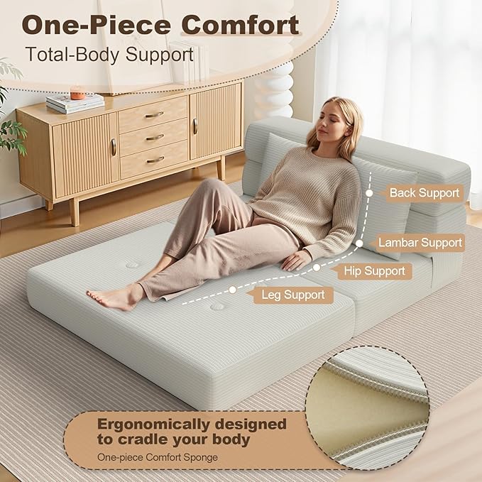 Folding Sofa Bed, Convertible Sleeper Chair & Couch Bed with Pillow, One-Piece High-Density Sponge Mattress, Multi-Purpose Corduroy Floor Sofa for Living Room, Office, Apartment, Beige, Twin