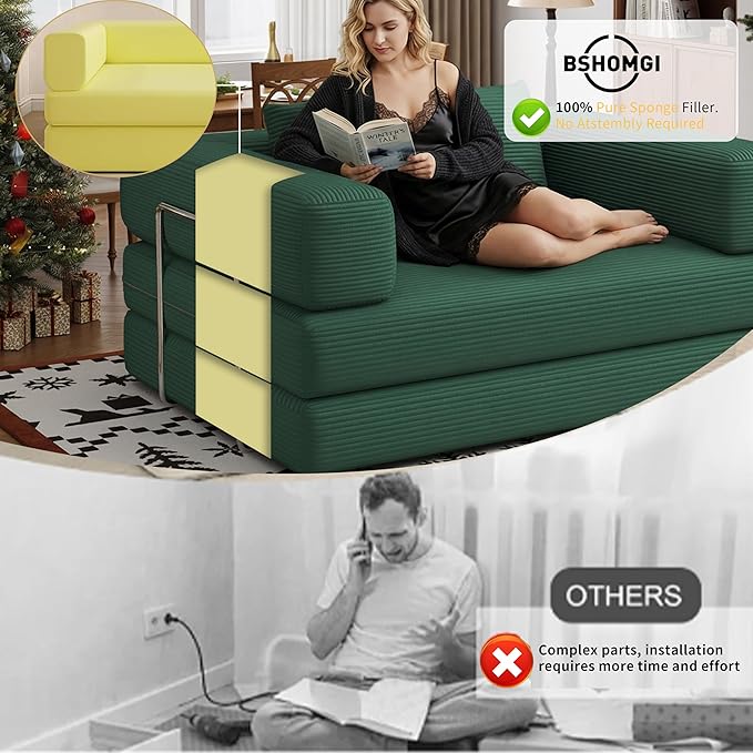Folding Sofa Bed Convertible Corduroy Couch Queen Size Floor Sleeper 4-in-1 DIY Combination Modular Lazy Sofas Fold Futon Lounge for Living Room (Green, 53.15" Double Sofa)