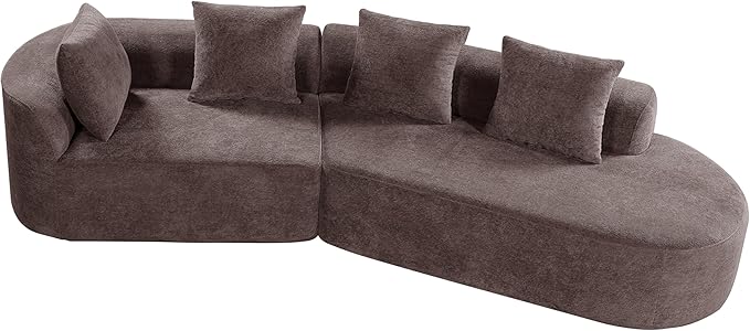 Merax 2-Piece 116" L-Shaped Modular Sectional Sofa Set, 4 Seat Fully Assembled Curved Upholstery Couch with High-Density Compressed Sponge, Chaise Lounge & 4 Pillows for Living Room, Brown