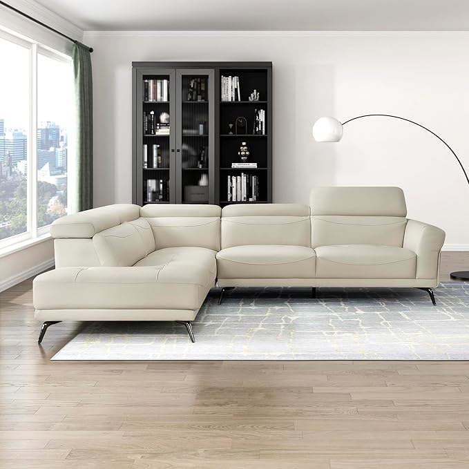 Lexicon L-Shaped Sectional Couch with Left Chaise, Top Grain Leather Match Sectional Sofa, Adjustable Headrests, Black Chrome Metal Legs, High-Density Cushions, Stitching, for Living Room, Beige